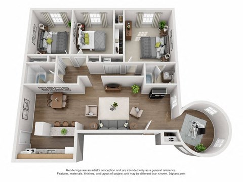 a 3d floor plan of a 3 bedroom apartment